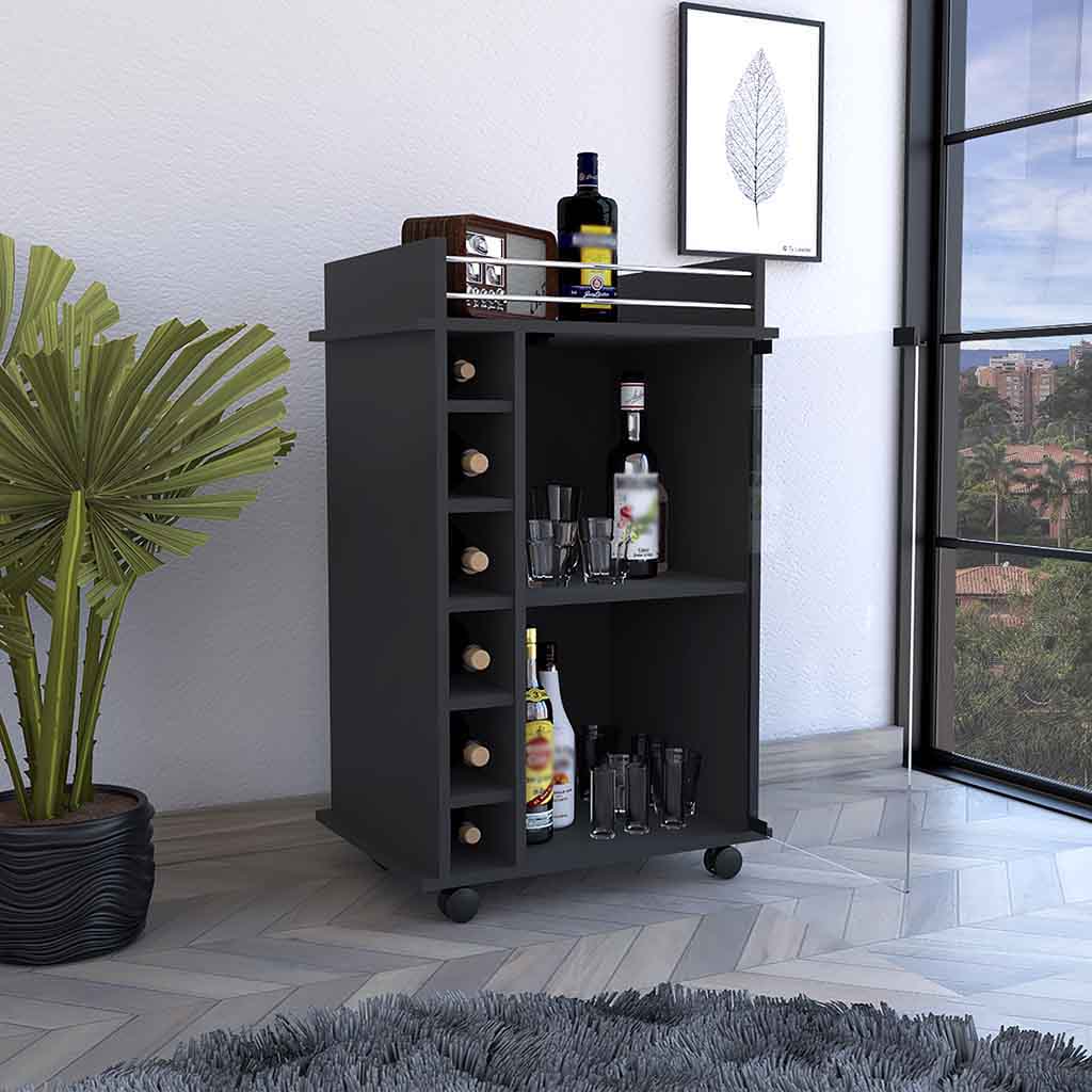 Dukat Bar Cart,Two Shelves, Six Built-in Wine Rack, Four Casters -Black